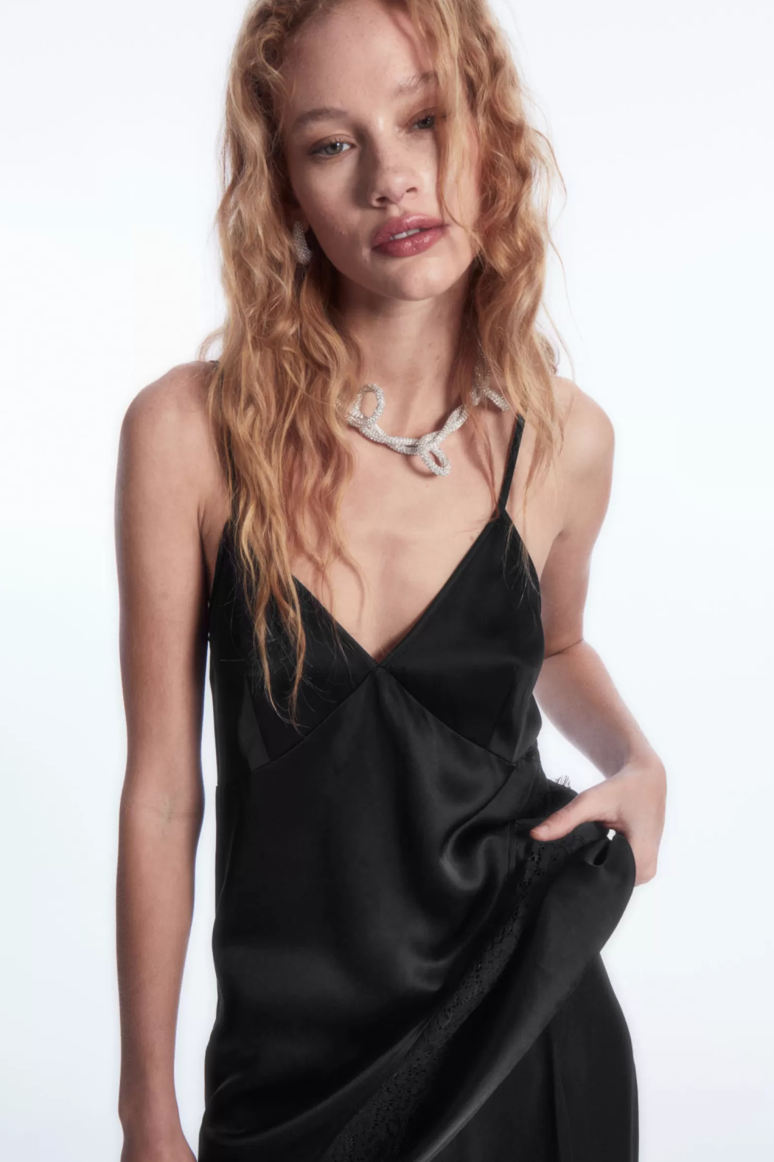 COS ASYMMETRIC LACE-TRIMMED SATIN CAMISOLE