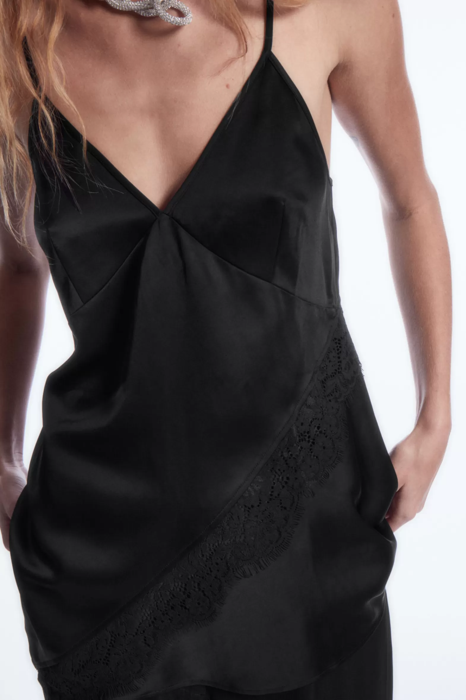 COS ASYMMETRIC LACE-TRIMMED SATIN CAMISOLE