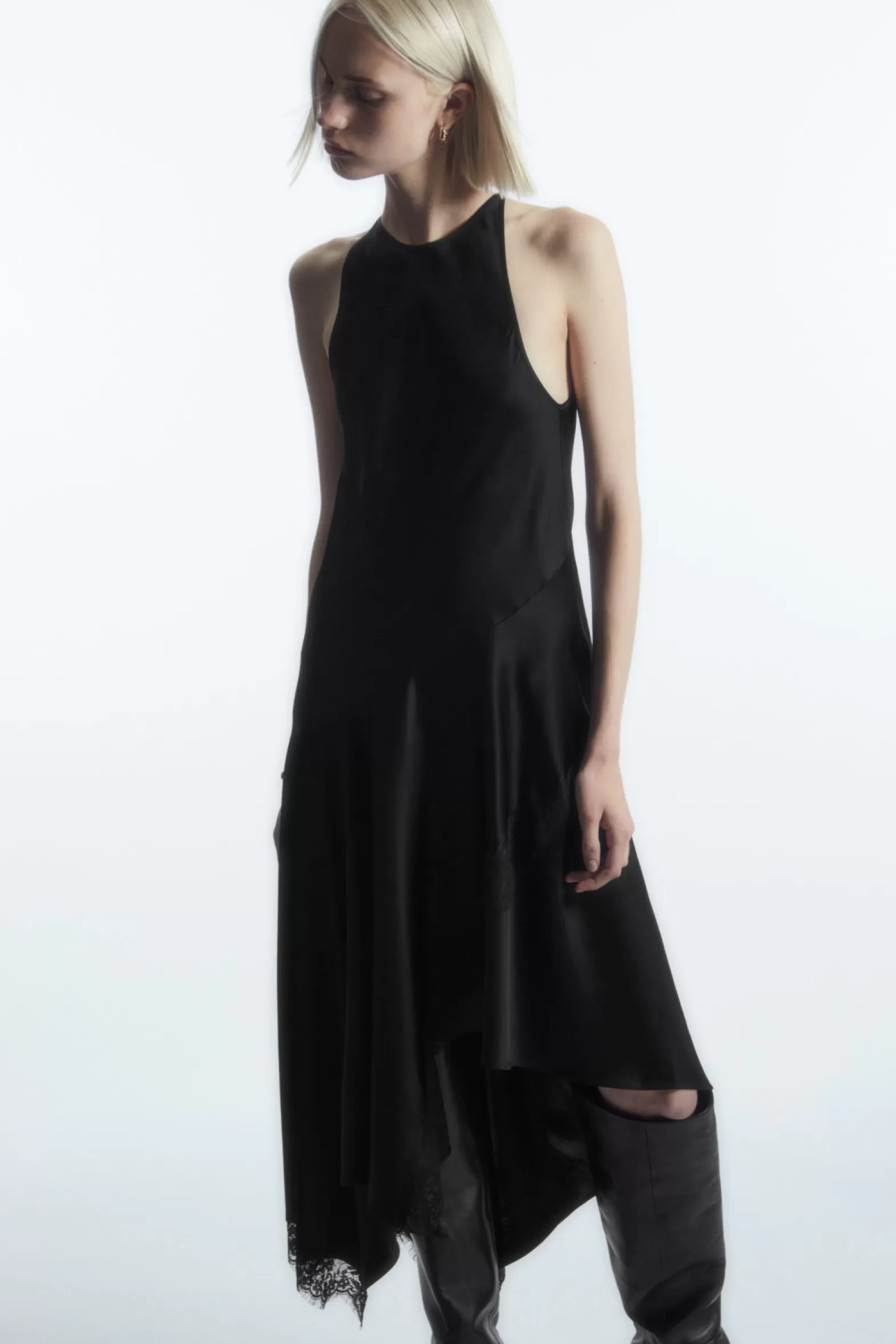 COS ASYMMETRIC LACE-TRIMMED SATIN DRESS