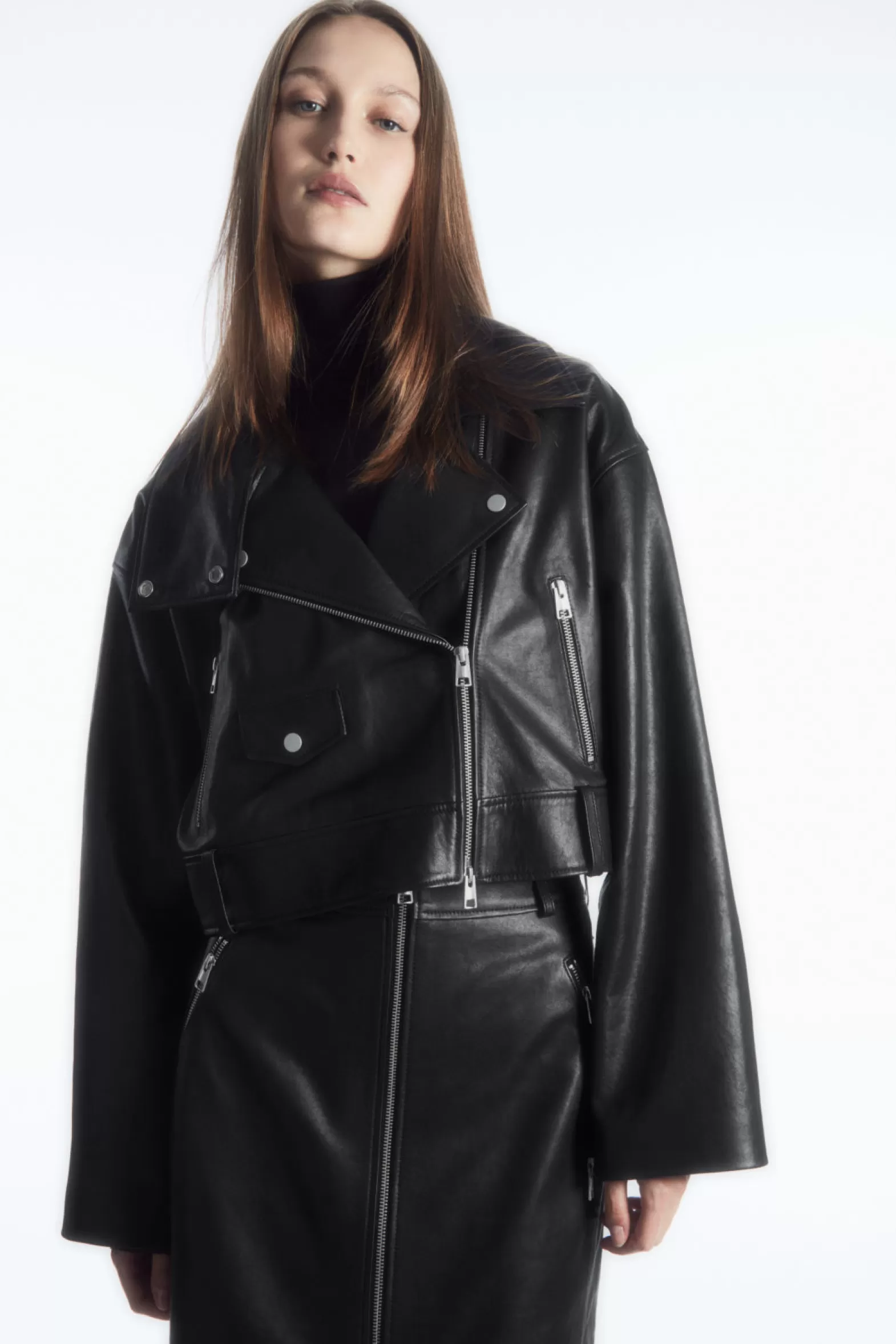 COS OVERSIZED CROPPED LEATHER BIKER JACKET