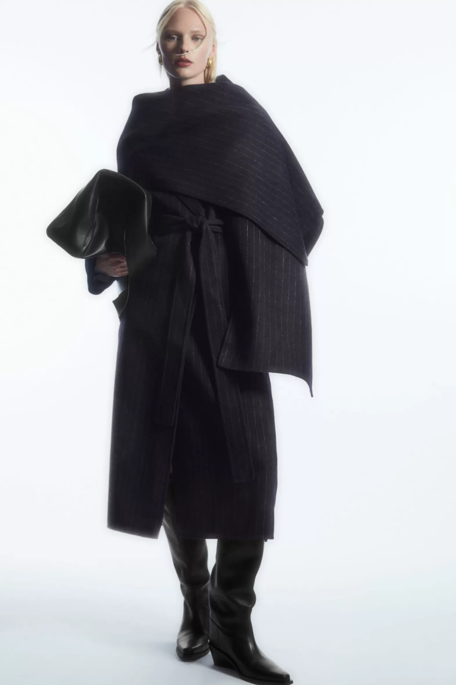 COS OVERSIZED PINSTRIPED WOOL SCARF COAT