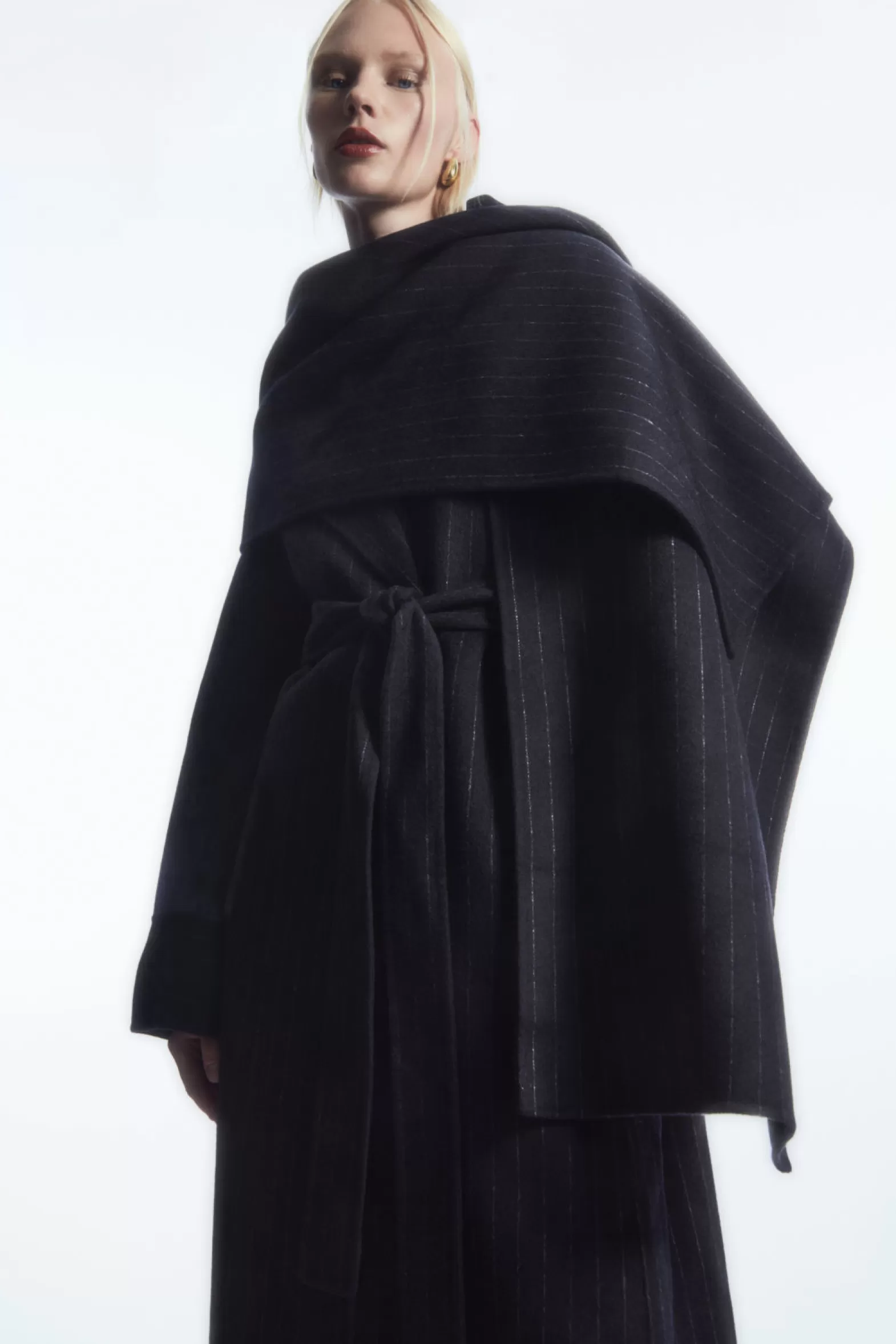 COS OVERSIZED PINSTRIPED WOOL SCARF COAT