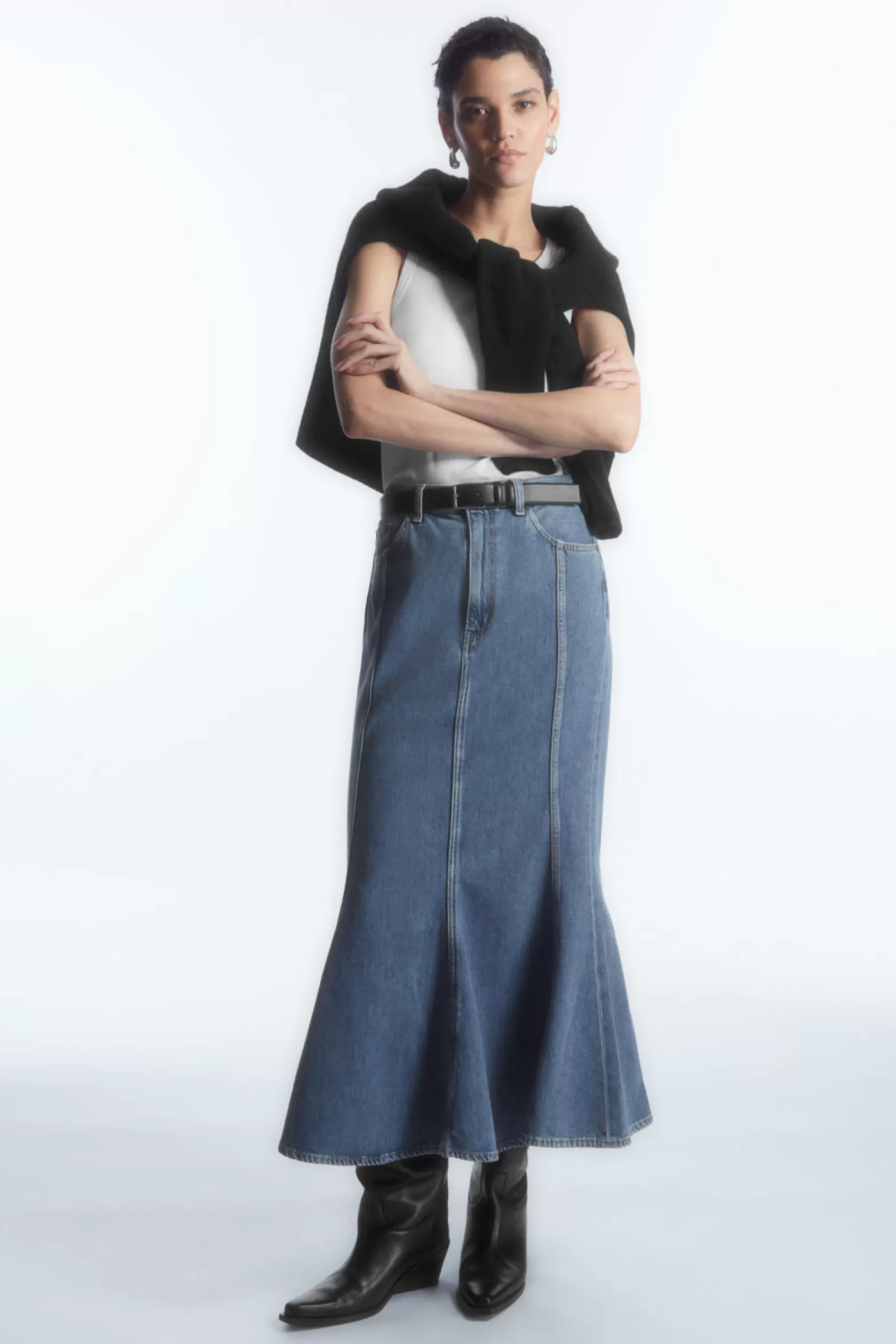 COS PANELLED FLARED DENIM SKIRT