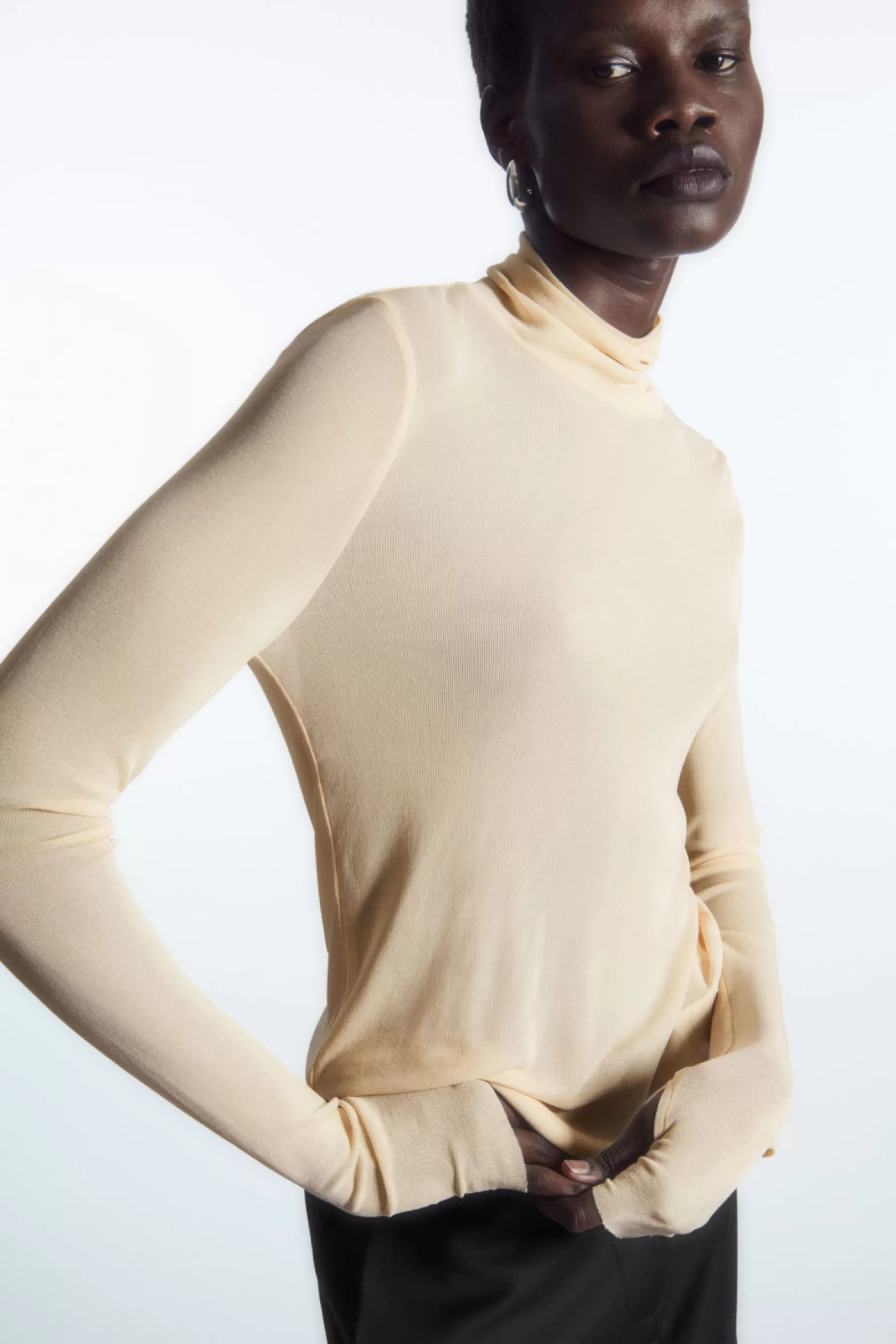 COS SEMI-SHEER PURE SILK ROLL-NECK TOP