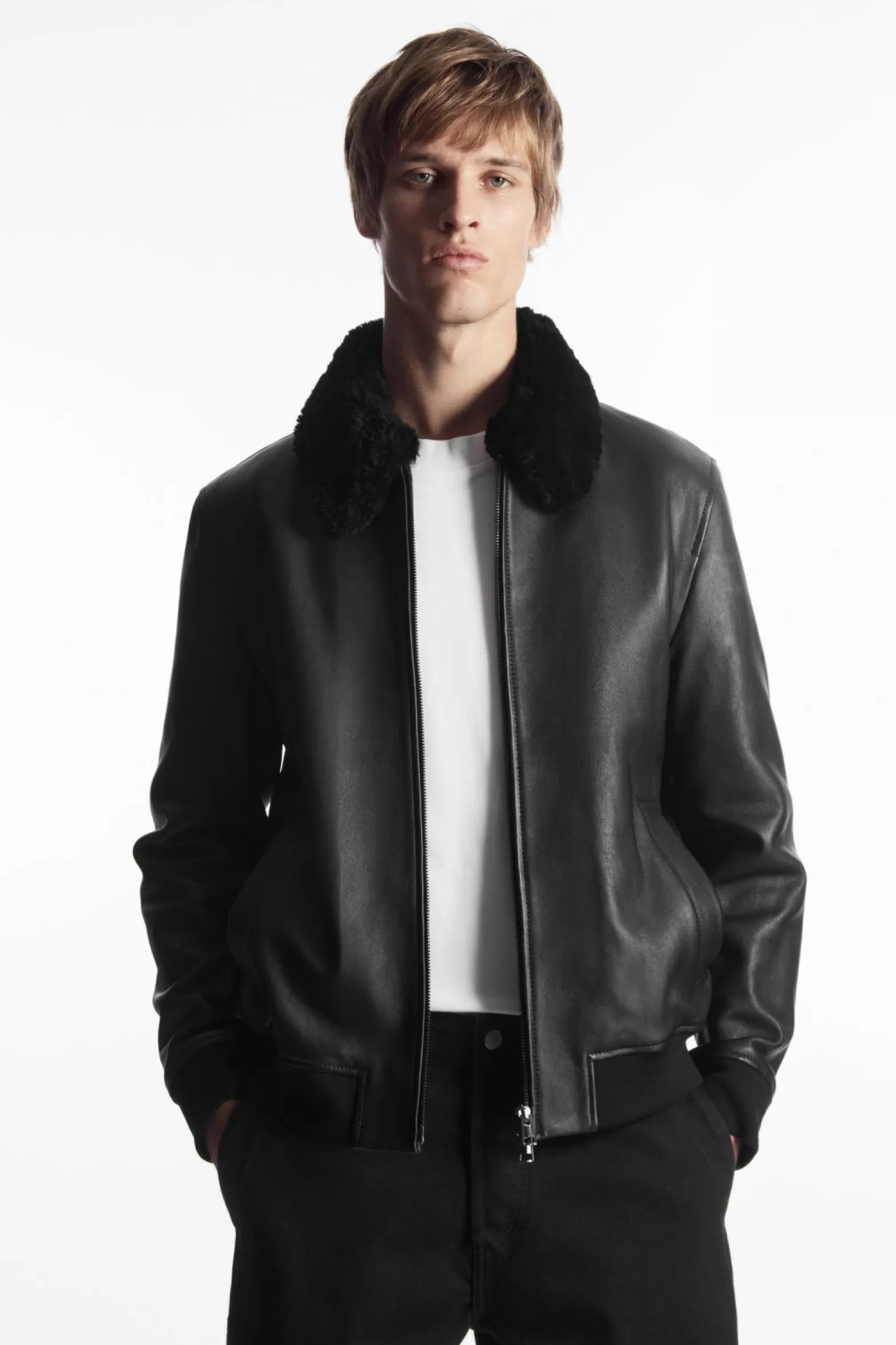 COS SHEARLING-TRIMMED LEATHER BOMBER JACKET