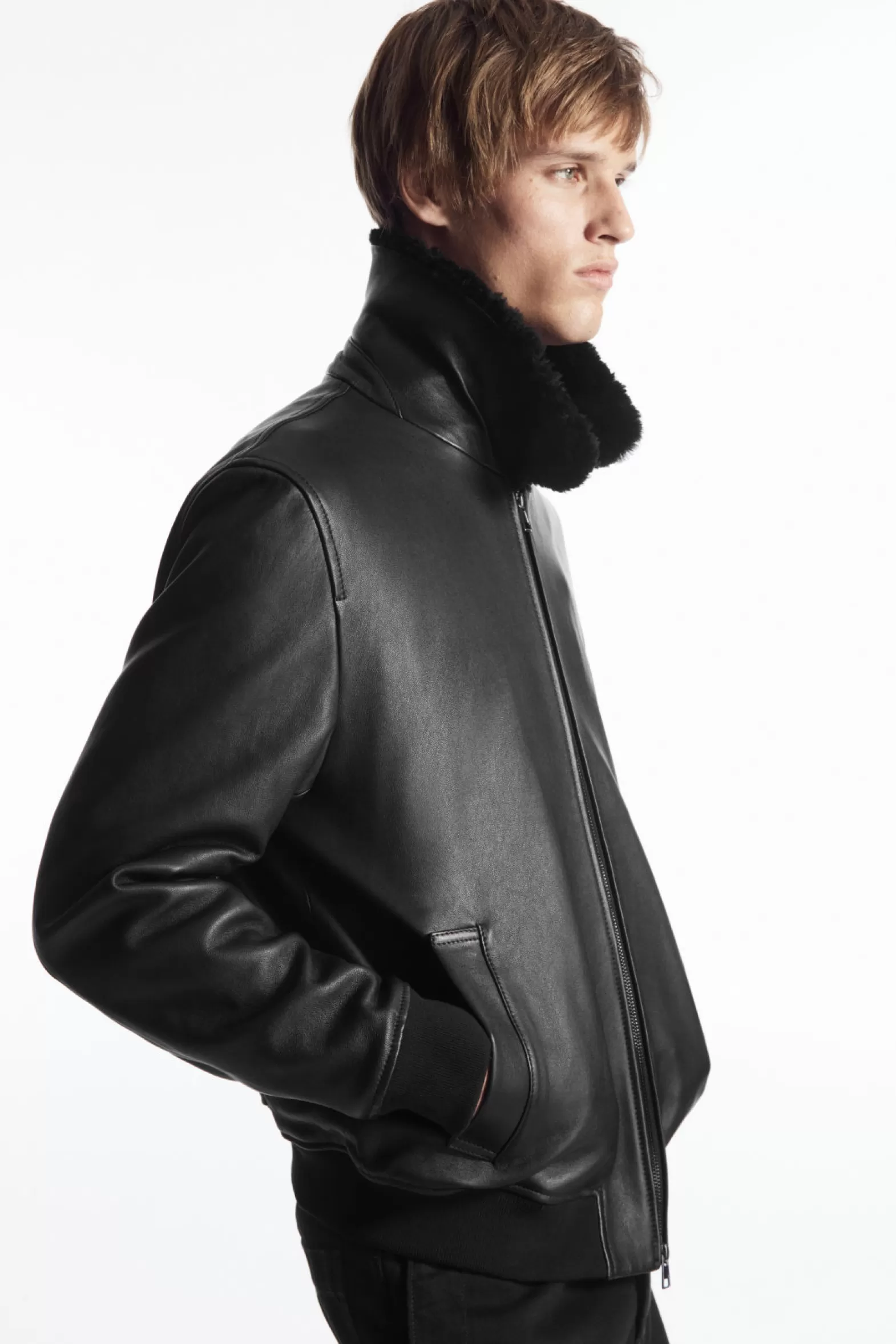 COS SHEARLING-TRIMMED LEATHER BOMBER JACKET